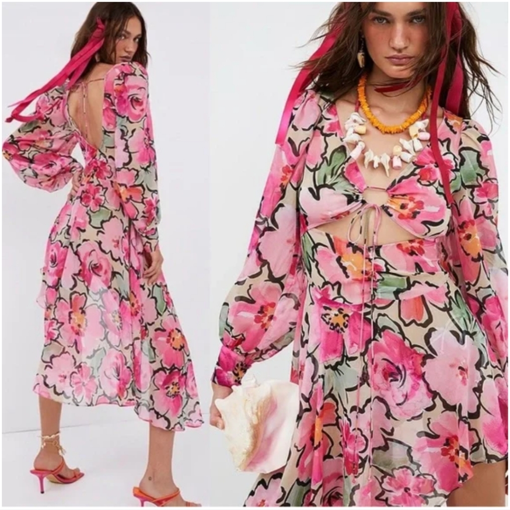 For Love & Lemons Pink Floral Long Sleeve Midi Dress